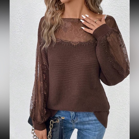 Comfy Elegant Sheer Mesh Lace Boat Neck Batwing Sleeve Sweater Top - Picture 14 of 16